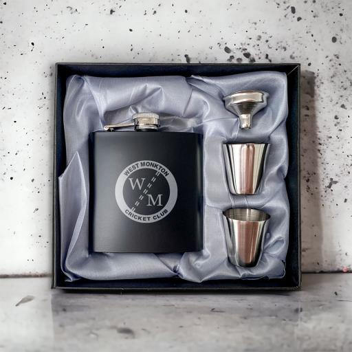 West Monkton Cricket Club Stainless Steel Hip Flask with Shot Glasses & Funnel in Gift Box