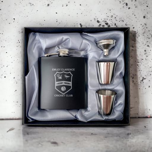 Emley Clarence Cricket Club Stainless Steel Hip Flask with Shot Glasses & Funnel in Gift Box