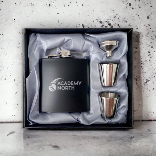 Academy North Stainless Steel Hip Flask with Shot Glasses & Funnel in Gift Box