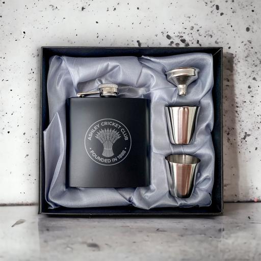 Ashley Cricket Club Stainless Steel Hip Flask with Shot Glasses & Funnel in Gift Box