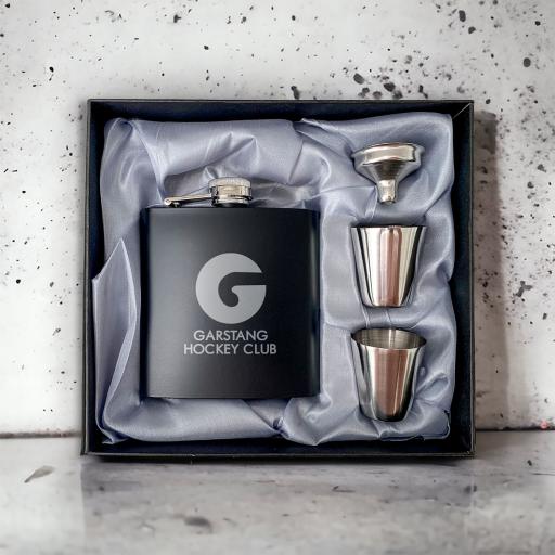 Garstang Hockey Club Stainless Steel Hip Flask with Shot Glasses & Funnel in Gift Box