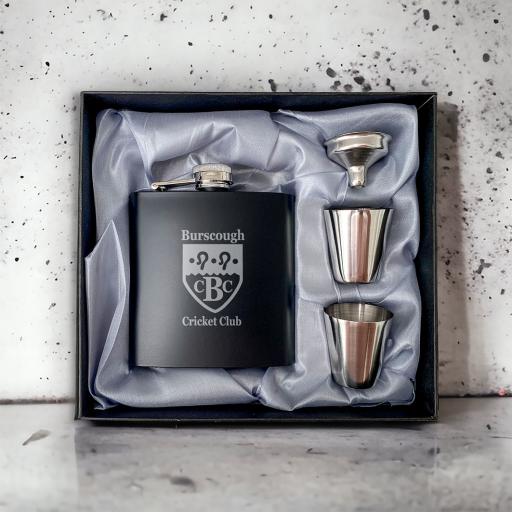 Burscough Cricket Club Stainless Steel Hip Flask with Shot Glasses & Funnel in Gift Box