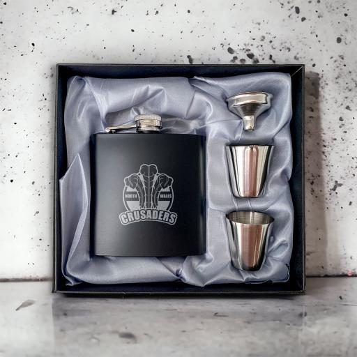 North Wales Crusaders Foundation Stainless Steel Hip Flask with Shot Glasses & Funnel in Gift Box