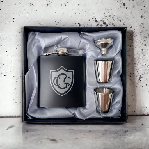 Greenfield Cricket Club Stainless Steel Hip Flask with Shot Glasses & Funnel in Gift Box