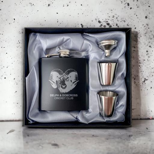 Delph & Dobcross Cricket Club Stainless Steel Hip Flask with Shot Glasses & Funnel in Gift Box