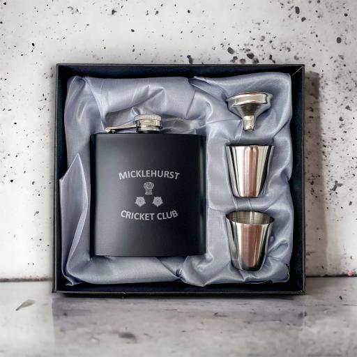 Micklehurst Cricket Club Stainless Steel Hip Flask with Shot Glasses & Funnel in Gift Box