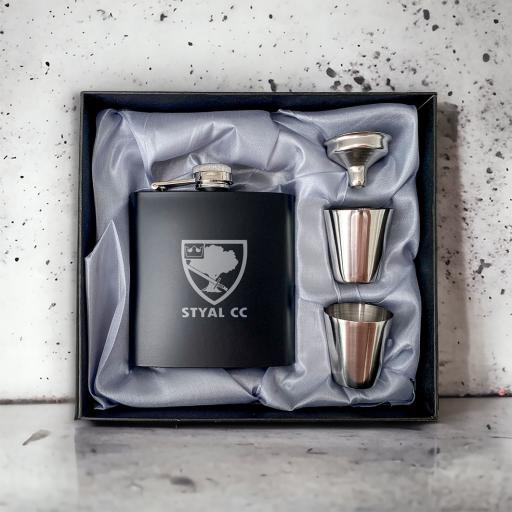 Styal Cricket Club Stainless Steel Hip Flask with Shot Glasses & Funnel in Gift Box