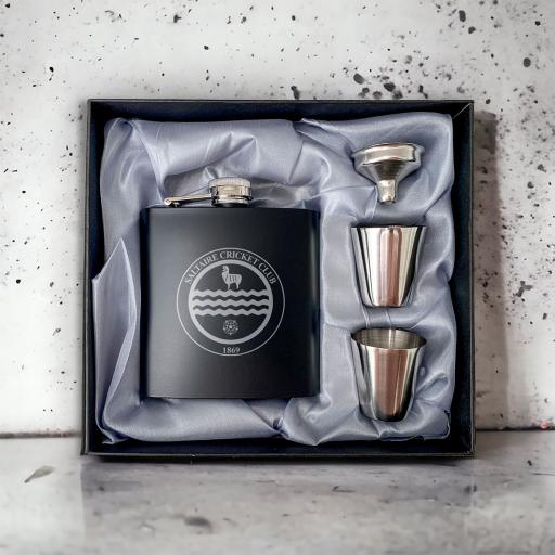 Saltaire Cricket Club Stainless Steel Hip Flask with Shot Glasses & Funnel in Gift Box