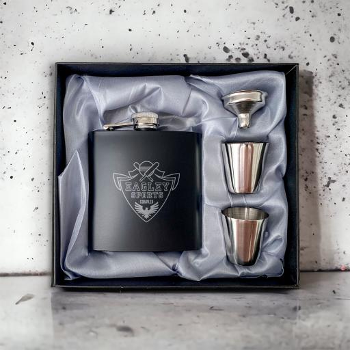 Eagley Cricket Club Stainless Steel Hip Flask with Shot Glasses & Funnel in Gift Box
