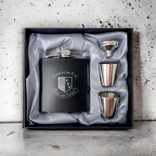 Coniston Cricket Club Stainless Steel Hip Flask with Shot Glasses & Funnel in Gift Box