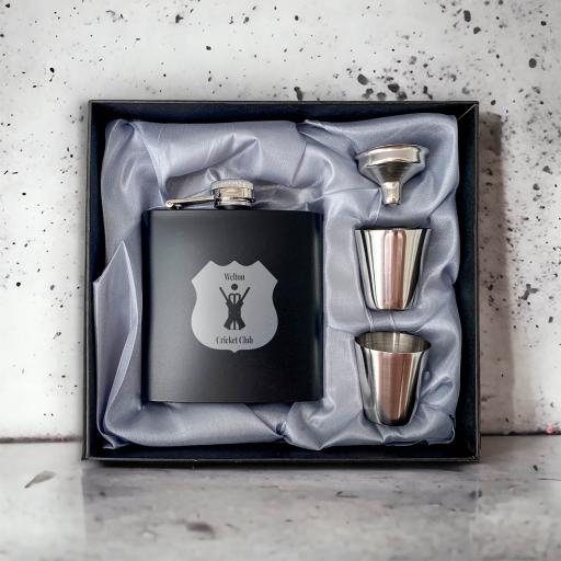 Welton Cricket Club Stainless Steel Hip Flask with Shot Glasses & Funnel in Gift Box