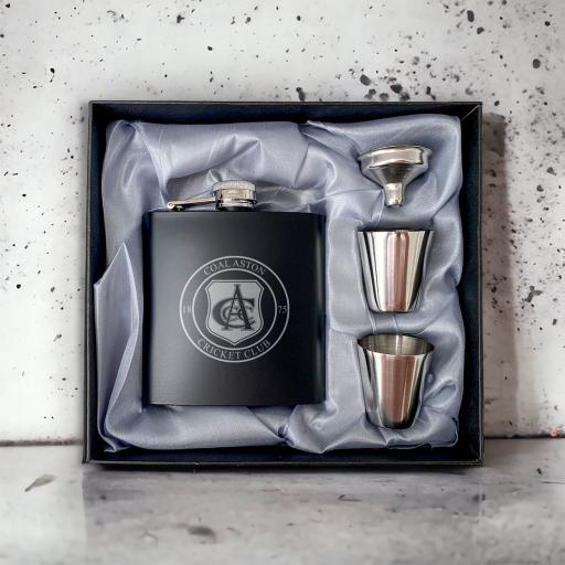 Coal Aston Cricket Club Stainless Steel Hip Flask with Shot Glasses & Funnel in Gift Box