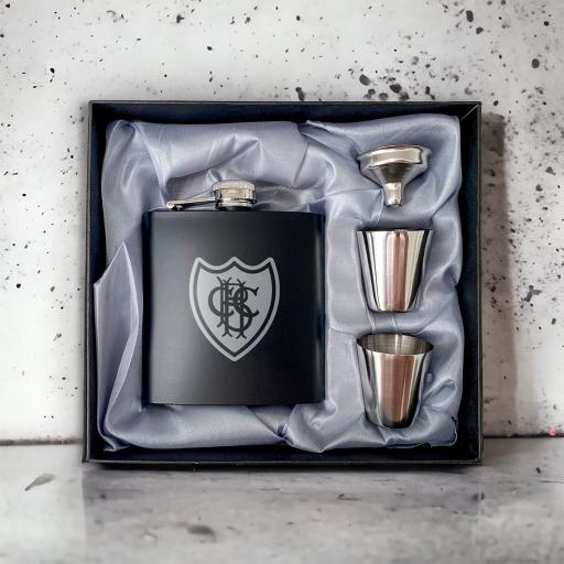 Hale Barns Cricket Club Stainless Steel Hip Flask with Shot Glasses & Funnel in Gift Box