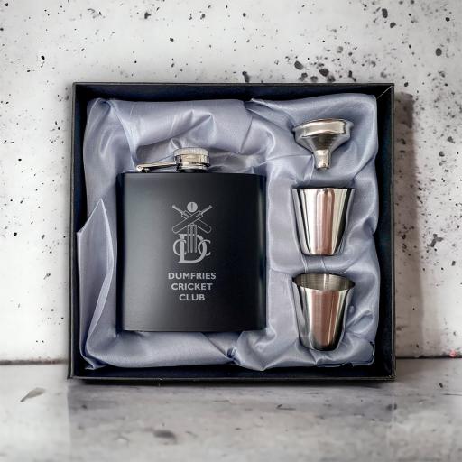 Dumfries Cricket Club Stainless Steel Hip Flask with Shot Glasses & Funnel in Gift Box