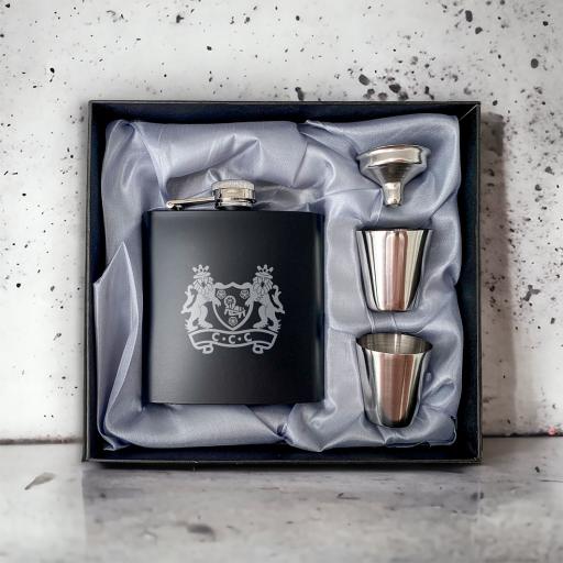 Crompton Cricket Club Stainless Steel Hip Flask with Shot Glasses & Funnel in Gift Box