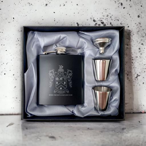 Hyde Cricket Club Stainless Steel Hip Flask with Shot Glasses & Funnel in Gift Box