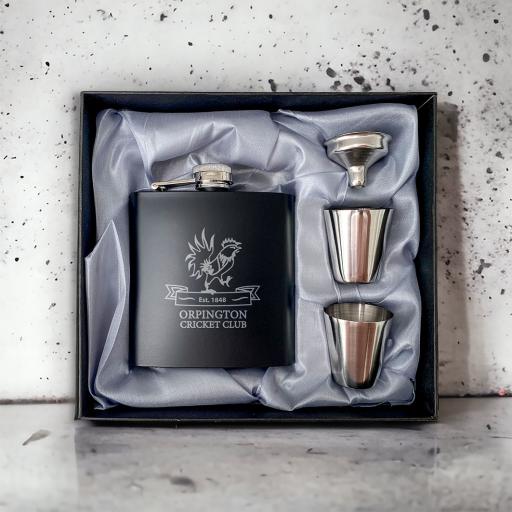 Orpington Cricket Club Stainless Steel Hip Flask with Shot Glasses & Funnel in Gift Box