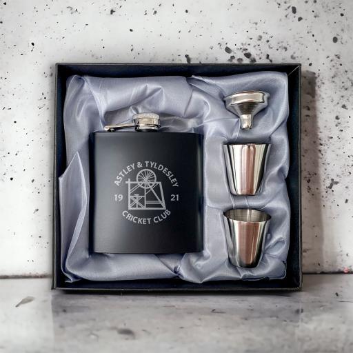 Astley & Tyldesley CC Stainless Steel Hip Flask with Shot Glasses & Funnel in Gift Box
