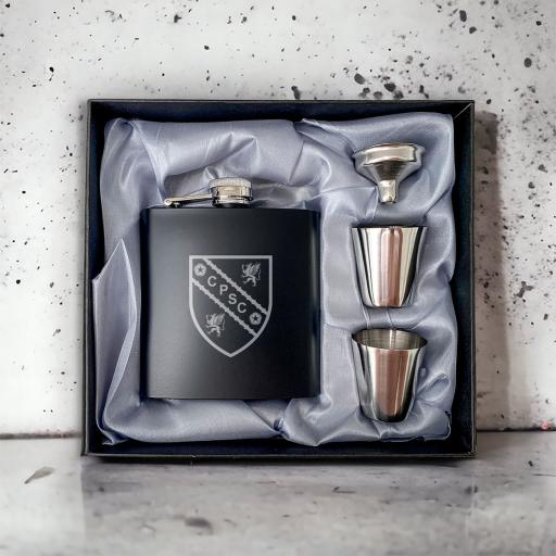 Chadderton Park SC Stainless Steel Hip Flask with Shot Glasses & Funnel in Gift Box