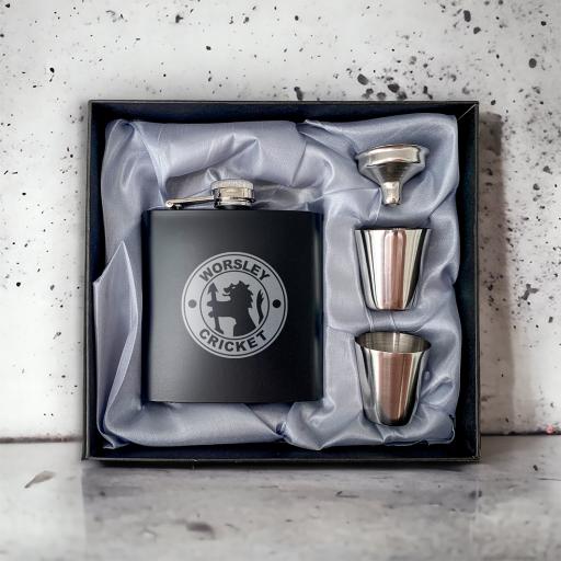 Worsley Cricket Club Stainless Steel Hip Flask with Shot Glasses & Funnel in Gift Box