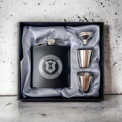 Bradshaw Cricket Club Stainless Steel Hip Flask with Shot Glasses & Funnel in Gift Box
