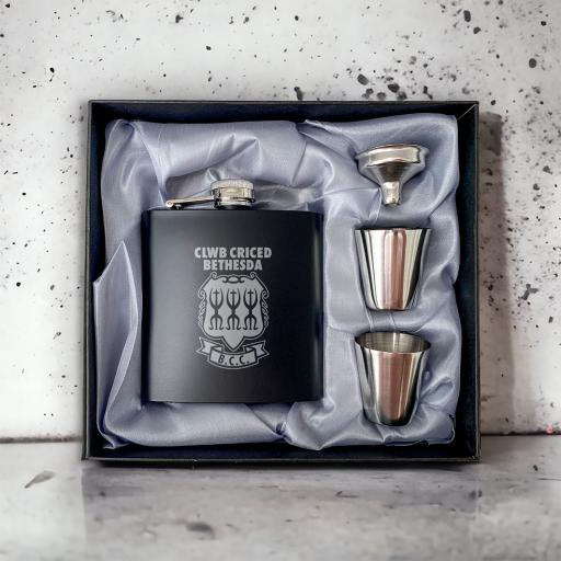 Bethesda Cricket Club Stainless Steel Hip Flask with Shot Glasses & Funnel in Gift Box